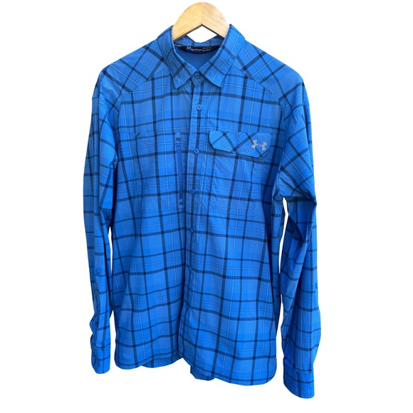 Under Armour Mens Long Sleeve Plaid Button Down Shirt HeatGear Blue Large - Picture 1 of 7